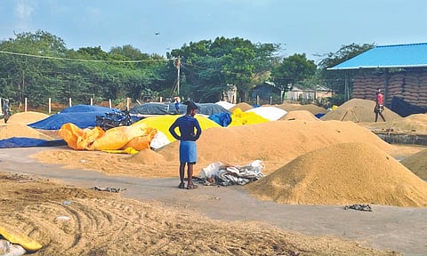 Piling paddy stock at a procurement centre in Boothalur in Thanjavur district on Tuesday