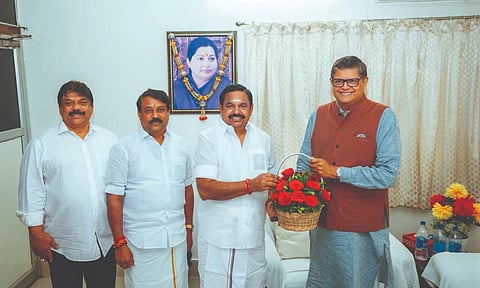 BJP’s poll in-charge for TN Jay Panda greets AIADMK chief Edappadi Palaniswami at his Chennai residence on Tuesday