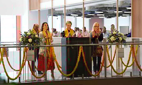 Tanuj Kapilashrami, chief strategy and talent officer, Shelley Boland, global head, corporate real estate & services, and Noelle Eder, group head, technology & operations, Standard Chartered at the inauguration of Standard Chartered Global Business Services largest global office in Chennai 