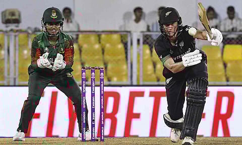 New Zealand's Sophie Devine plays a shot during the ICC Women's World Cup 2025 ODI cricket match between New Zealand and Bangladesh, at ACA Stadium, Barsapara in Guwahati, Friday, Oct. 10, 2025 (PTI) 