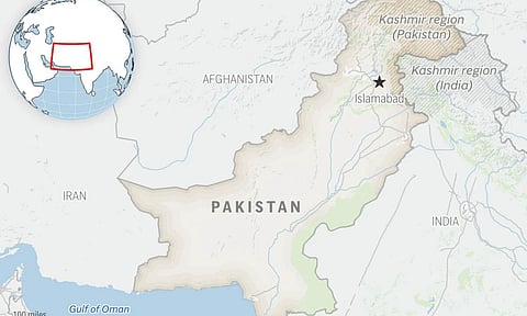 This is a locator map for Pakistan with its capital, Islamabad, and the Kashmir region. (Photo: AP)