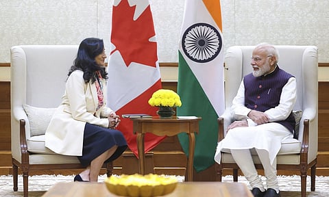 Prime Minister Narendra Modi with Canada's Foreign Minister Anita Anand during a meeting, in New Delhi (Photo: PTI)
