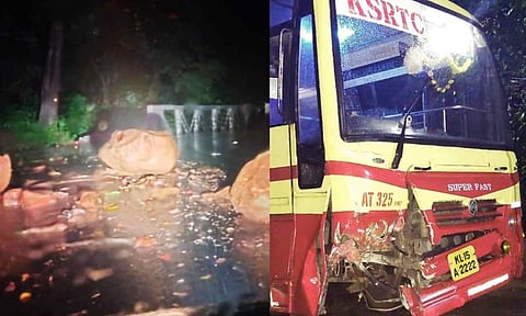 Rolled down boulders on the stretch near Burliar Chinna Kurumpatti hamlet in Coonoor; Damaged front portion of KSRTC bus 