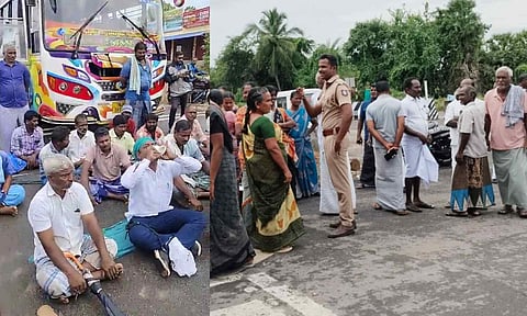 Farmers stage roadblock protest in Orathanadu, on Wednesday 