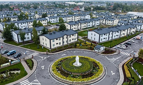 Hansen Village, a housing complex built for people who been displaced from occupied territories and separated from their families is seen in Tarasivka (AP)