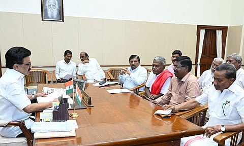 CPM’s P Shanmugam and members of North Chennai Residents Welfare Associations meet CM Stalin on Thursday 
