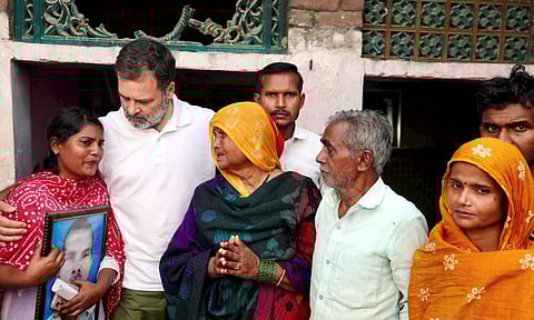 LoP in the Lok Sabha and Congress leader Rahul Gandhi meets the family members of late Hariom Valmiki, a Dalit man allegedly lynched in Raebareli, in Fatehpur, Uttar Pradesh (PTI) 