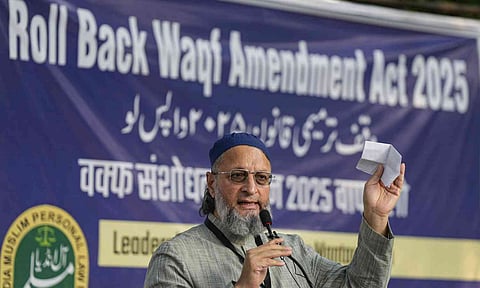 AIMIM chief Asaduddin Owaisi during a protest against the Waqf Amendment Act 2025, at Jantar Mantar, New Delhi, Saturday, Oct. 11, 2025 (PTI) 