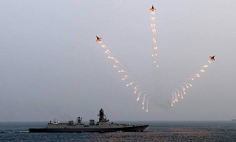 Indian Navy aircraft perform aerial manoeuvres during Prime Minister Narendra Modi's visit aboard INS Vikrant on the occasion of Diwali, off the coast of Goa and Karwar (PTI) 