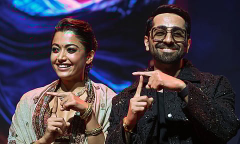 Rashmika Mandanna and Ayushmann Khurrana during the promotion of their upcoming film Thamma at Bharat Mandapam in New Delhi (PTI)