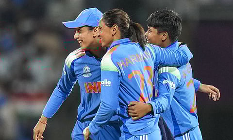 Navi Mumbai: Indian players celebrate the wicket of New Zealand's Amelia Kerr during an ICC Women's World Cup ODI cricket match between India Women and New Zealand Women, at the DY Patil Stadium, in Navi Mumbai. (Photo: PTI)
