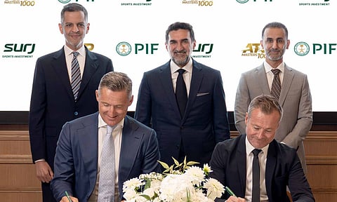 Pictured from left to right: Yazeed A. Al-Humied, Deputy Governor and Head of MENA Investments at PIF; Andrea Gaudenzi, Chairman of the ATP; His Excellency Yasir O. Al-Rumayyan, Governor of PIF; Danny Townsend, CEO of SURJ Sports Investment; and Bandar Mogren, Chairman of SURJ Sports Investment and COO of PIF, gather in Paris, France, to sign a new partnership to bring a 10th ATP Masters 1000 event to Saudi Arabia. (Photo: ATP Tour)