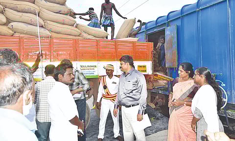Tiruvarur Collector V Mohanachandran inspecting loading of paddy at a DPC on Saturday