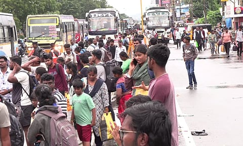  At the Kilambakkam bus terminus, as several government and private buses stop along the Chennai–Tiruchy National Highway to drop passengers instead of entering the terminal.