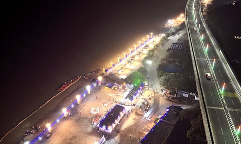 An aerial view of preparations underway on ghats along the Ganga riverbank amid the 'Chhath Puja' festival in Patna (PTI)