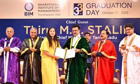 Tamil Nadu Chief Minister MK Stalin participating in the 33rd graduation day ceremony of Bharathidasan Institute of Management, Tiruchirappalli. (Photo: Daily Thanthi)