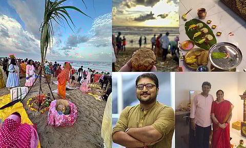 People offering prayers to the Sun God at the Marina; Thekua; Kharna; Dr Ashish; Sanjay and Aabha