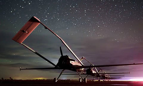Long-range drones An-196 Liutyi of the Ukrainian 14th Separate Unmanned Aerial Systems Regiment stand in line before takeoff in undisclosed location, Ukraine, Tuesday, Oct. 14, 2025 (AP)