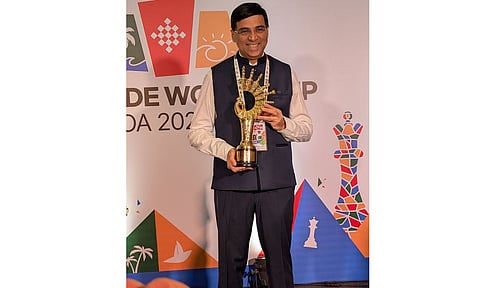 Grandmaster Viswanathan Anand with the trophy ahead of first round