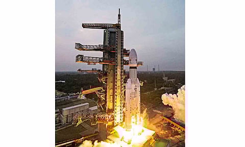 ISRO's launch vehicle LVM3-M5 carrying the communication satellite CMS-03 lifts off from the launch pad at the Satish Dhawan Space Centre, in Sriharikota, Andhra Pradesh (PTI) 