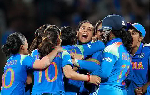 India's players during the ICC Women's World Cup final ODI cricket match South Africa Women, at the DY Patil Stadium, in Navi Mumbai, Sunday, Nov 2, 2025. (PTI)