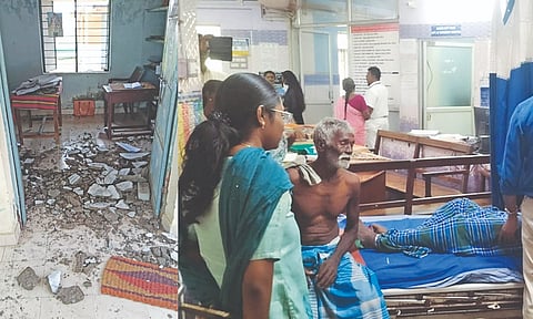 Three persons, including a VAO, were injured after the roof of the village office collapsed in Thanjavur