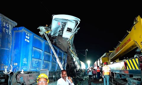 Rescue operations underway at Lal Khadan Torva Fatak after a MEMU local train collided with a stationary goods train between Gatora and Bilaspur stations, Bilaspur, Chhattisgarh (PTI)