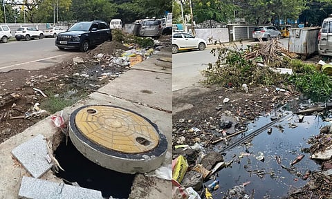 Partially opened and damaged SWD lid on the pavement opposite to CSI Ewarts Global School on Alagappa Road in Egmore