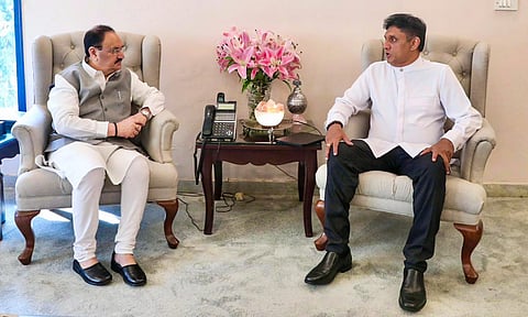 Union Minister Jagat Prakash Nadda with Sri Lanka Leader of Opposition Sajith Premadasa during a meeting, in New Delhi. (@JPNadda/X)