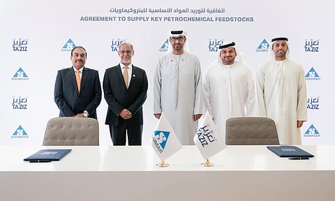 (L-R) S Ganeshkumar, MD, TCI Sanmar Chemicals; Ambassador Navdeep Suri, chairman, TCI Sanmar Chemicals; Dr Sultan Al Jaber, UAE Minister of Industry and Advanced Technology and ADNOC Managing Director & Group CEO; Mashal Al Kindi, CEO, TA’ZIZ; and Nasser Al Muhairi, executive VP, downstream business management, ADNOC