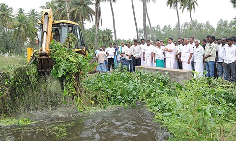 MLA V Senthilbalaji reviewing desilting works in Karur on Thursday (Photo/X)