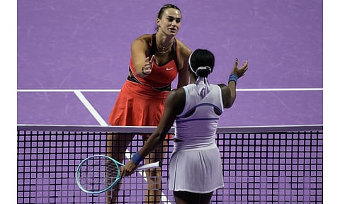 Aryna Sabalenka of Belarus, left, greets her opponent Coco Gauff of the United States after winning the women's singles match at the WTA tennis finals in Riyadh, Saudi Arabia.(Photo: AP)