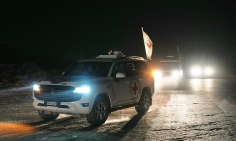 Red Cross convoy carrying the body of a person believed to be a deceased hostage handed over by Palestinians militants makes its way toward the border crossing with Israel, to be transferred to Israeli authorities, in Deir al-Balah, central Gaza Strip. (Photo: AP)