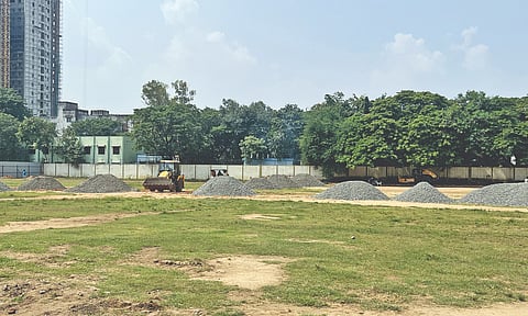 Heaps of gravel stocked at the Saidapet B Ground for the flyover construction by the Highways department