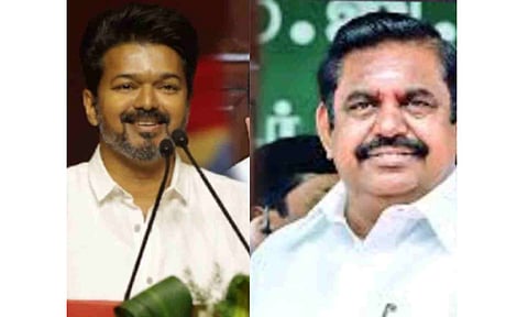 AIADMK general secretary Edappadi K Palaniswami (R) and TVK leader Vijay (L)