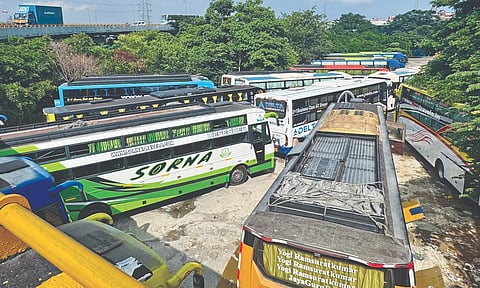 Omnibuses parked in a yard at Vanagaram on Monday