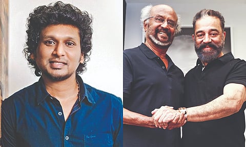 (L-R) Lokesh Kanagaraj, Rajinikanth and Kamal Haasan