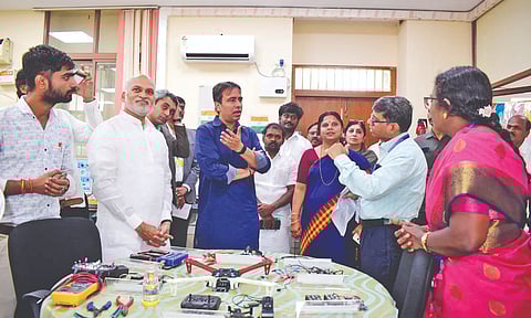 Union Minister Jayant Chaudhary interacting with NSTI Chennai faculty members in Chennai on Monday