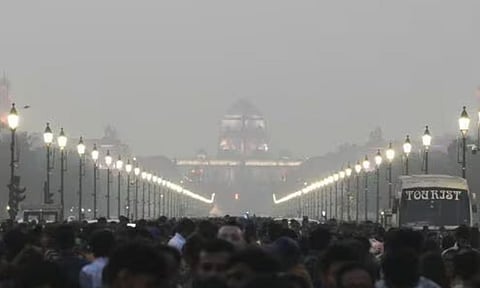 A thick layer of smog engulfs Rashtrapati Bhavan in New Delhi on Sunday. (PTI)