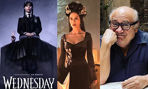 Poster of the series, Catherine Zeta-Jones, Danny DeVito (insta/wednesdaynetflix/catherinezetajones/dannydevito0)