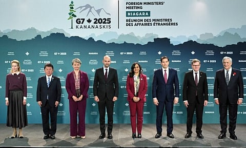 Foreign Ministers, from left, European Union's Kaja Kallas, Japan's Toshimitsu Motegi, Britain's Yvette Cooper, France's Jean-Noel Barrot, Canada's Anita Anand, U.S. Secretary of State Marco Rubio, Germany's Johann Wadephul and Italy's Antonio Tajani (AP)