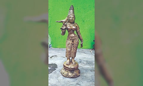Panchaloha idol found at a house near Peravurani in Thanjavur on Wednesday