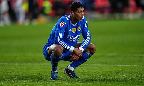 Real Madrid's Jude Bellingham reacts during a Spanish La Liga soccer match between Rayo Vallecano and Real Madrid in Madrid (AP Photo)
