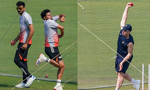 (L-R) Kuldeep Yadav (R) and Axar Patel during practice session; Simon Harmer bowling in the nets during practice