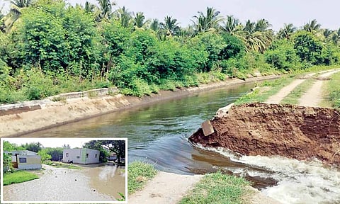 Water flowing through the breach in PAP canal; (inset) a flooded residential area in Palladam 