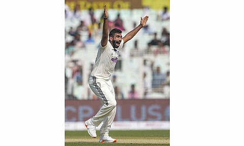 India's Jasprit Bumrah makes an unsuccessful appeal for the wicket of South Africa's captain Temba Bavuma during the first day of the first Test cricket match between India and South Africa, at the Eden Gardens, in Kolkata, Friday, Nov. 14, 2025 (PTI) 
