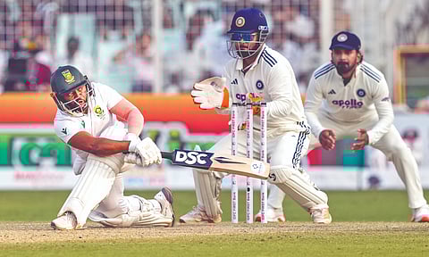 South Africa captain Temba Bavuma plays a sweep shot during his unbeaten knock of 29 in the second innings
