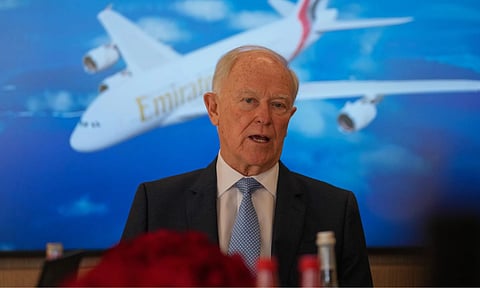 Tim Clark, the president of Emirates Airlines, speaks to journalists at the Dubai Air Show, United Arab Emirates, Tuesday, Nov. 18, 2025. (AP) 