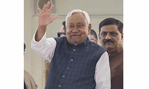 JD(U) supremo Nitish Kumar arrives to attend the National Democratic Alliance (NDA) legislature meeting, in Patna, Wednesday, Nov. 19, 2025 (PTI) 