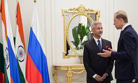 External Affairs Minister S Jaishankar with Russia's First Deputy Prime Minister Denis Manturov in Moscow (PTI)